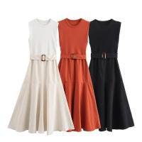 - Verano 2025 ss Mujer, Nueva Ropa Europea y Americana, Color Sólido, Cuello Redondo, Sin Mangas, Cinturón, Sses, Acampanado - details 1