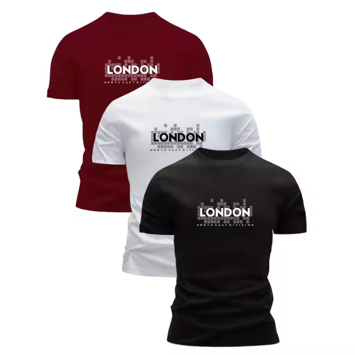 Paquete de 3 camisetas ajustadas 100% algodón para hombre - Camiseta con gráfico de letras y horizonte de Londres, camisa informal de manga corta con cuello redondo transpirable de verano, azul marino/blanco/negro, comodidad diaria, camiseta con estampado - 1