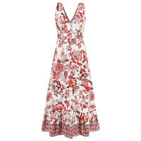 Vestidos largos bohemios para mujer, cuello en V, sin mangas, cintura alta, Maxi, estampados rojos, Playa - details 11
