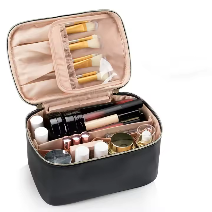 Bolsa de maquillaje portátil para mujer, de gran capacidad neceser de viaje, organizador, color negro - 1