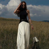 BUNO-Vestido de retazos con contraste de gato extraño para mujer, vestido Halter con espalda descubierta, sin mangas, dobladillo plisado, tendencia de vacaciones, informal, elástico, básico, ceñido largo - details 3