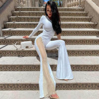 BUNO-monos de malla de retales para mujer, monos Hipster con hombros inclinados, mono acampanado de manga única, ropa de calle de otoño para mujer - details 1