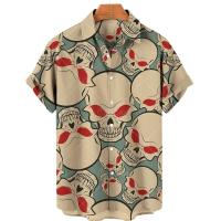 Diseño de moda de playa hawaiana, camisa con estampado de calavera 3D, ropa de calle informal retro, top de manga corta unisex de verano para hombre - details 8