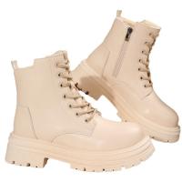 Botas de moto de cuero Pu para mujer, botas de tobillo cálidas con cordones de felpa, tacón plano beige negro, botas de algodón antideslizantes, invierno - details 1