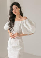 BGTEEVER-vestido ceñido con manga abombada para mujer, prenda elegante con abertura en la cadera, cuello de barco, cintura ajustada, Verano - details 5