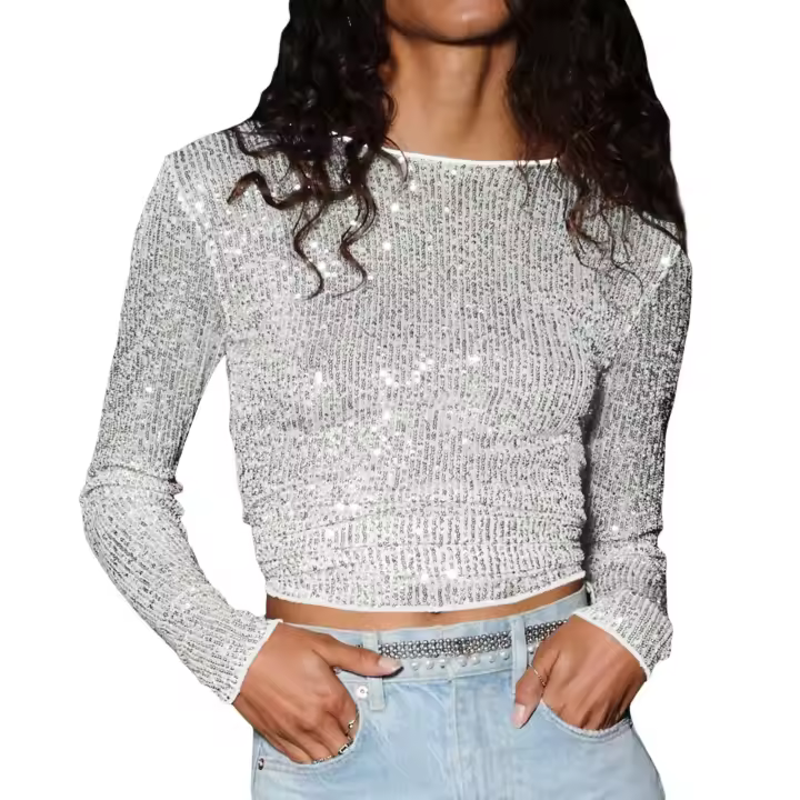 Camisetas Largas con Lentejuelas para Mujer Cuello Redondo Estilo Callejero Y2K Moda de Otoño - 1