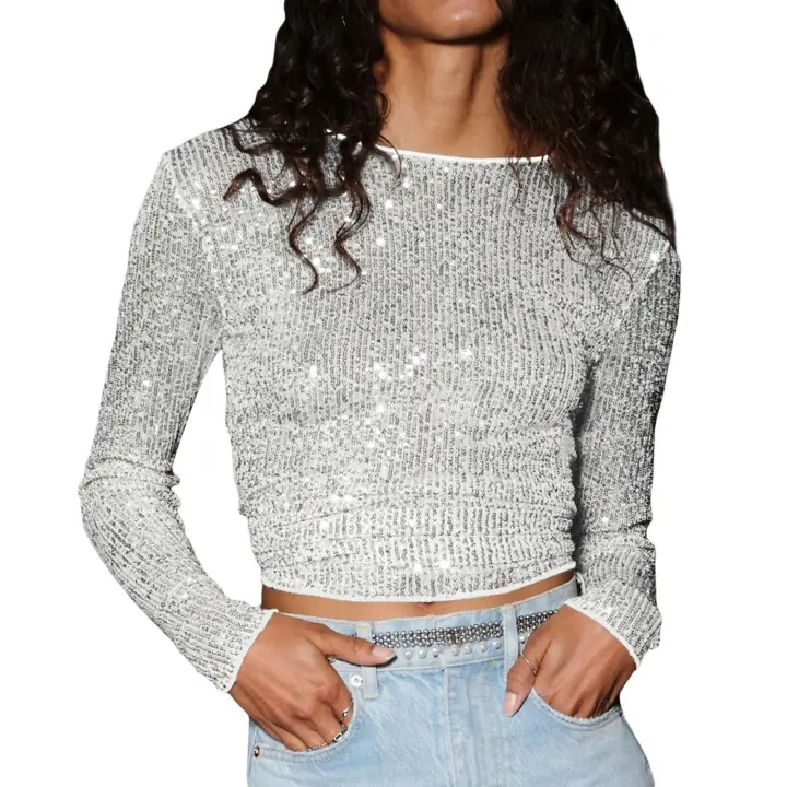 Camisetas Largas con Lentejuelas para Mujer Cuello Redondo Estilo Callejero Y2K Moda de Otoño - 1