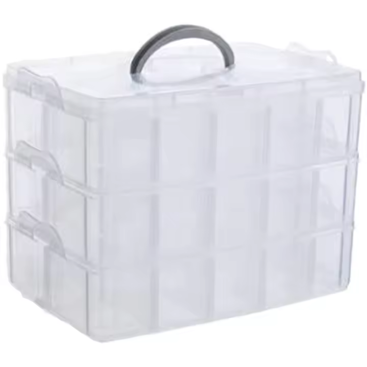 Organizador de joyas y artes, organizador apilable de 3 niveles de plástico transparente con 30 compartimentos ajustables - 1