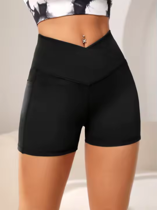Pantalones cortos de motociclista de cintura alta cruzada para mujer, bolsillos laterales, suaves y cómodos, cruzados, para correr, Yoga, pantalones cortos atléticos - 1