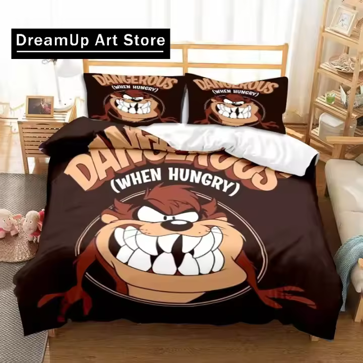 Juego de Ropa de Cama de Dibujos Animados 3D Tamaño Twin-King Diseño de Diablo Tasmaniano - 1