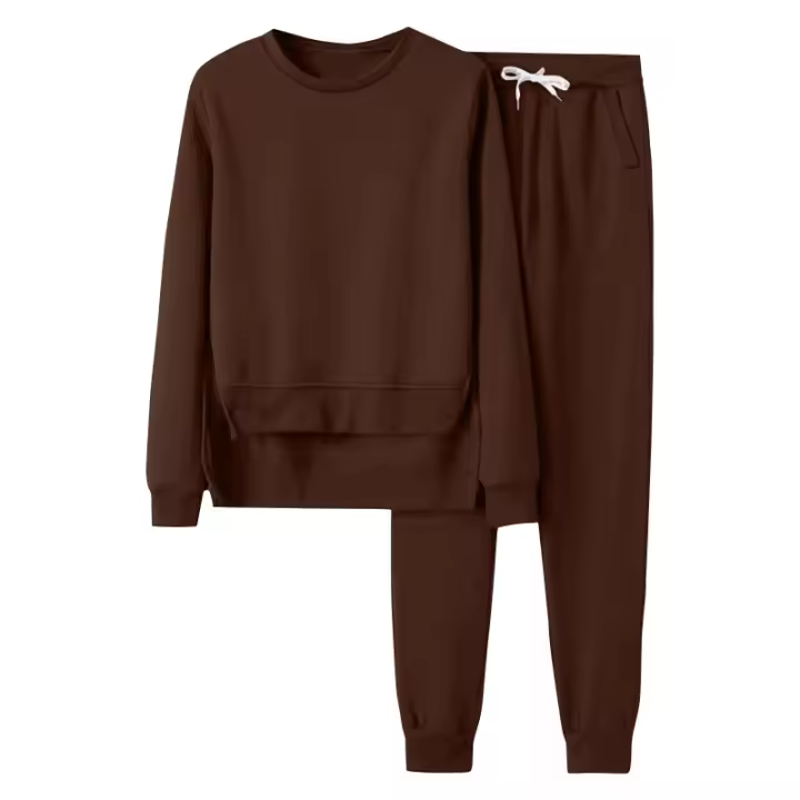 Conjunto deportivo informal de dos piezas para mujer, Sudadera de cuello redondo, pantalones de chándal largos, Color sólido - 1