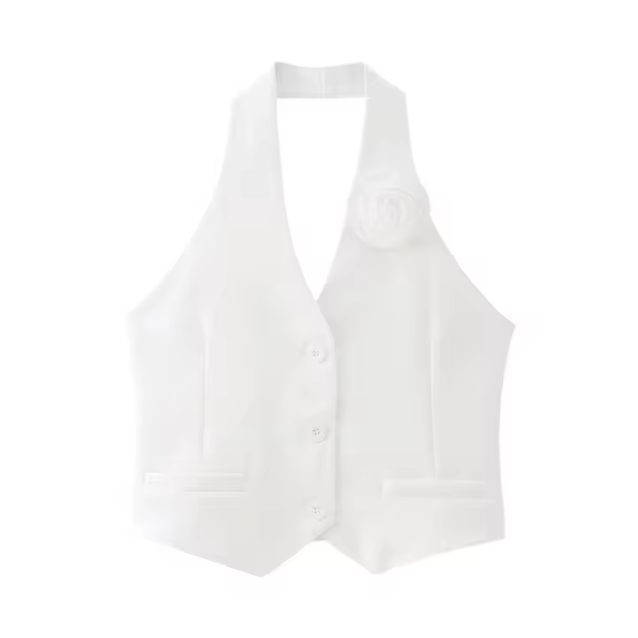 BUNO-moda para mujer, diseño de flores con un solo pecho, chaleco blanco con cuello Halter, chaqueta de oficina para mujer, chaleco corto sin mangas - 1