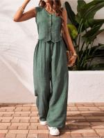 Conjunto de Lino para Mujer Verano 2025 Chaleco Abotonado con Cuello V y Pantalón Ancho - details 1