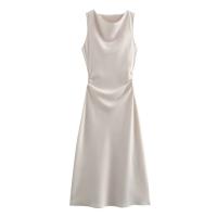 Vestido largo plisado sin mangas para mujer, prenda de seda con textura satinada, cuello redondo, elegante y a la moda - details 4
