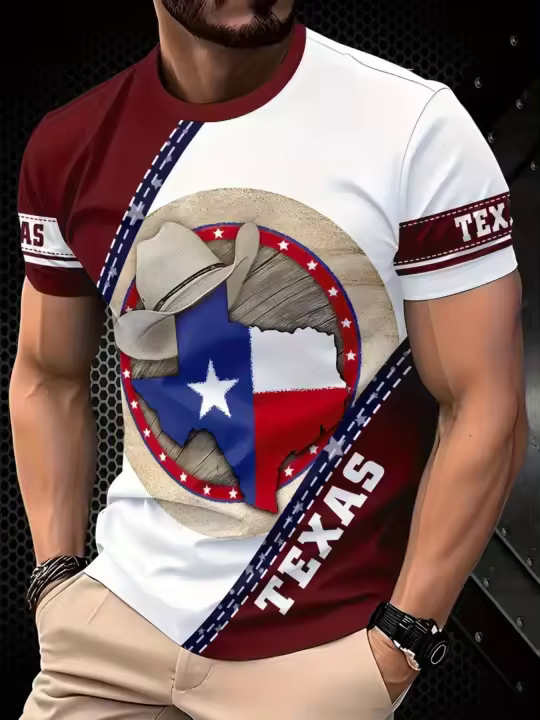 1 camiseta unisex con estampado digital 3D para actividades al aire libre, camiseta con estampado integral con temática de Texas, manga corta, ajuste regular, 100% poliéster, lavable a máquina, ideal para uso diario, viajes, fitness, playa y fiestas, cami - 1