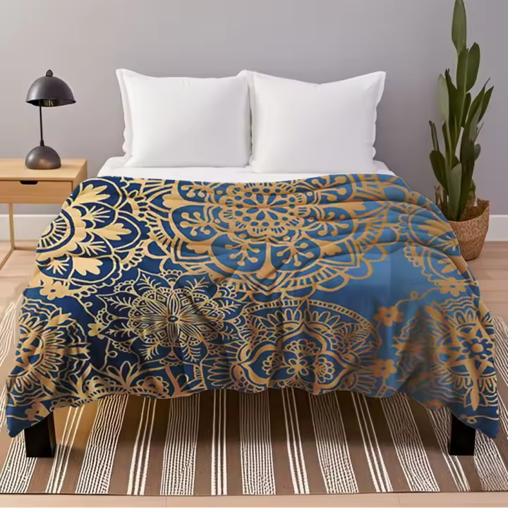 Manta minimalista de franela, colcha con Mandala azul y dorado, mantas resistentes a las arrugas para personas mayores y niños, crucero - 1