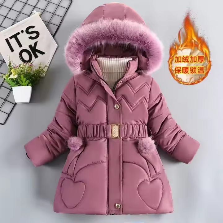 Abrigo de Invierno para Niñas Cálido, Grueso, con Capucha y Cuello de Piel Estilo de Princesa - 1