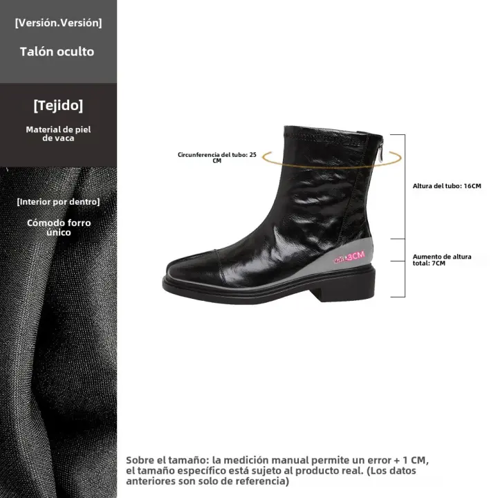 Botas Chelsea plisadas de piel de vaca lavada, botines marrones que aumentan la altura interior. - 1