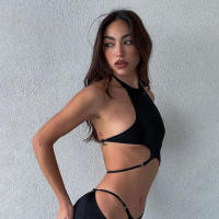 BUNO-Conjuntos de 2 piezas con tirantes huecos de gato extraño para mujer, Tops sexys lisos con cuello Halter y espalda descubierta + Pantalones acampanados con lentejuelas, trajes ajustados para fiesta - details 8