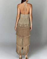 Vestido con abertura y espalda descubierta con flecos y cuello a la moda para mujer - details 1