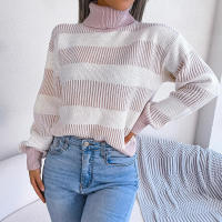 Suéter a rayas de manga farol para mujer, Jersey informal de punto con cuello alto, novedad de otoño e invierno, 2023 - details 14