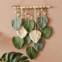 Colgante de pared de macramé de hoja, tapiz de pared estético tejido para habitación Bohemia, decoración de boda para el hogar, color verde - details 1