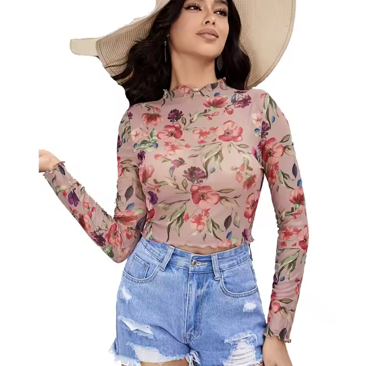 Nueva camiseta de manga larga impresa elegante del ajuste del oído de madera de la flor, las tapas flacas de las MUJERES - 1