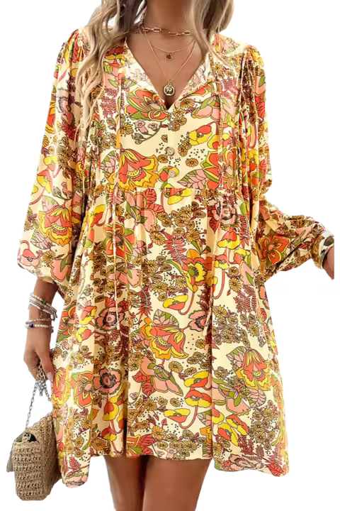 Elrachen Mini vestido de mujer con estampado floral y cuello en V y manga abullonada, crema amarilla, tallas S-XL - 1