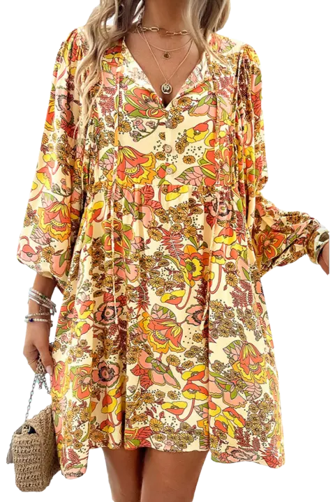 Elrachen Mini vestido de mujer con estampado floral y cuello en V y manga abullonada, crema amarilla, tallas S-XL - 1