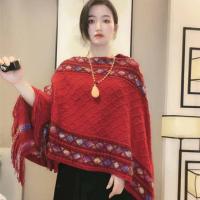 Poncho mongol con borlas de rayas rómbicas, chal de punto de estilo étnico, capa de punto, capa de Cachemira de imitación, capa superpuesta, Invierno - details 2