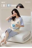 Verano 2025 Pijamas Sueltos de Manga Corta hasta la Rodilla 100% Algodón Decoración del Hogar para Mujeres Coreanas - details 28