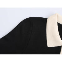 Vestido corto de punto con cuello polo y mangas hasta el codo para mujer, estilo vintage, con parches negros, mini vestido informal de otoño. - details 3