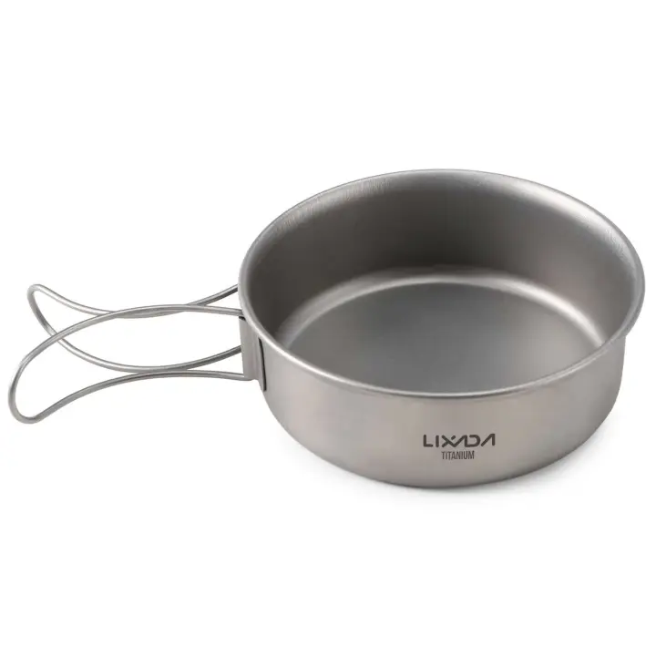 Lixada - Tazón de cena de titanio ultraligero, sartén, mango plegable, villa, suministros VIE para acampar al aire libre - 1