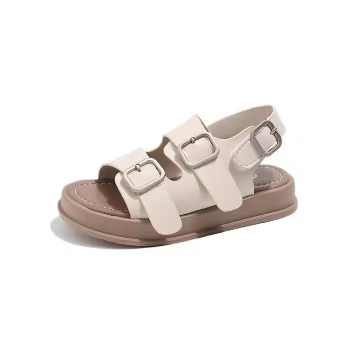 Zapatos casuales con hebilla para niños, zapatos de playa con punta abierta, sandalias clásicas retro de color sólido para niños y niñas, novedad de verano, 2024 - 1