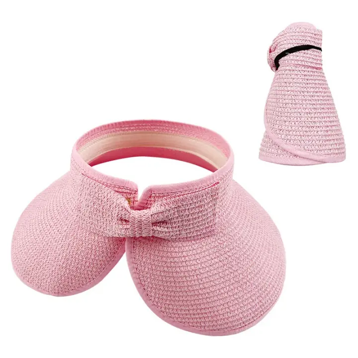 Nuevas Mujeres Verano Viseras sombrero plegable ancho Ala Grande Bowknot vacío superior sombreros de paja Playa Gorras de Protección - 1