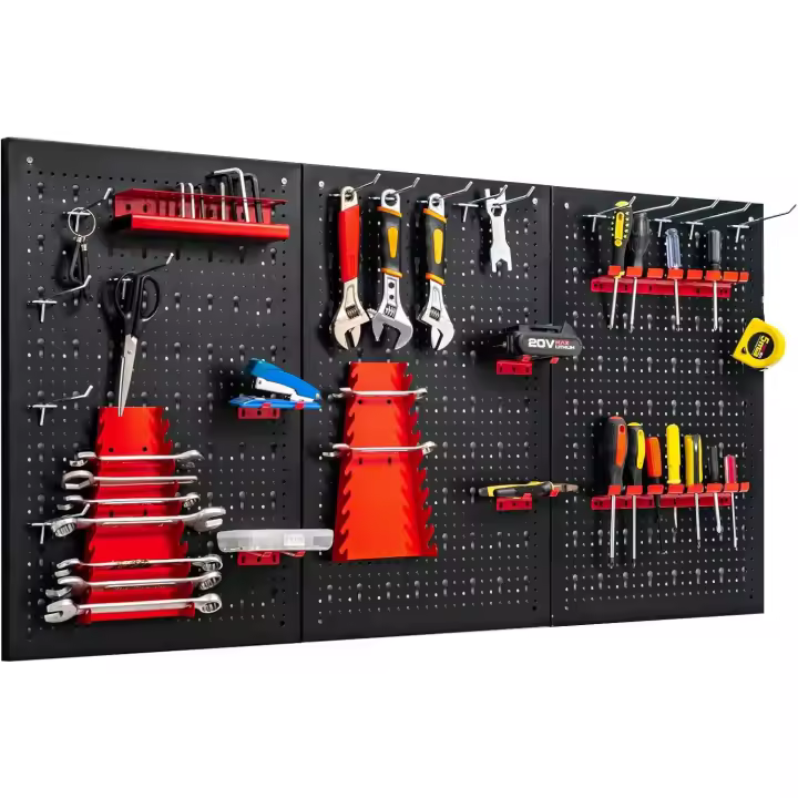 Organizador de herramientas para pared, kit de organización de herramientas de metal con 3 paneles perforados y 25 accesorios para colgar (con 25 accesorios) - 1