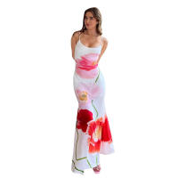 BUNO-Vestido Midi de malla con estampado Floral, traje largo con tirantes finos, cintura desnuda, a la moda, para vacaciones en la playa, Verano - details 24