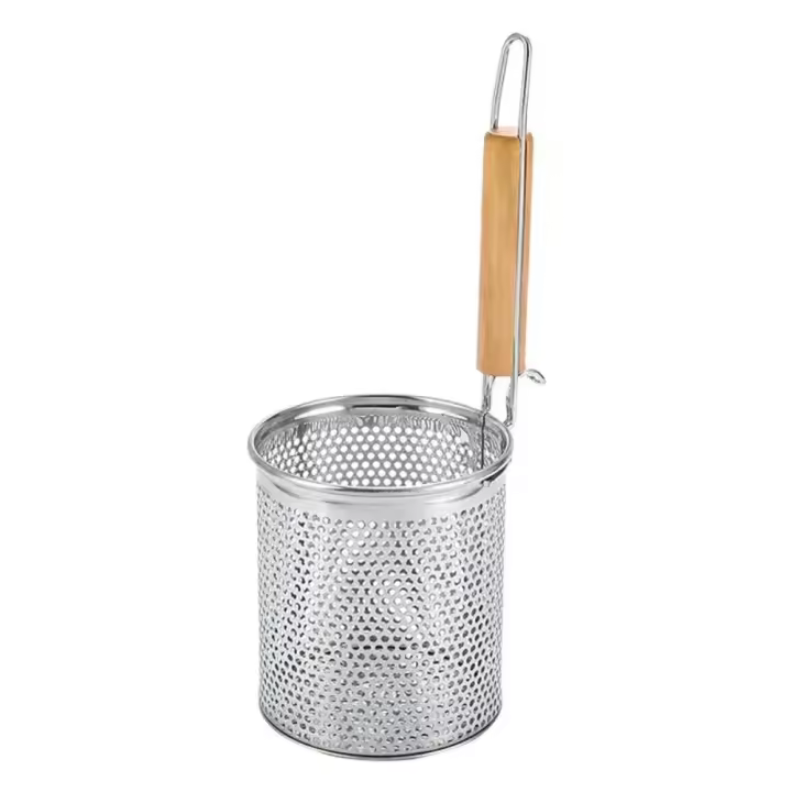Embudo de acero inoxidable grueso, utensilios de cocina, mango de madera, colador de cesta para Pasta, cuchara colador de malla multifuncional para verduras - 1