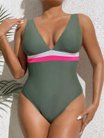 Bañador de una pieza con cuello en V para mujer, Monokini Sexy liso con tirantes, ropa de playa para verano, 2024 - details 1