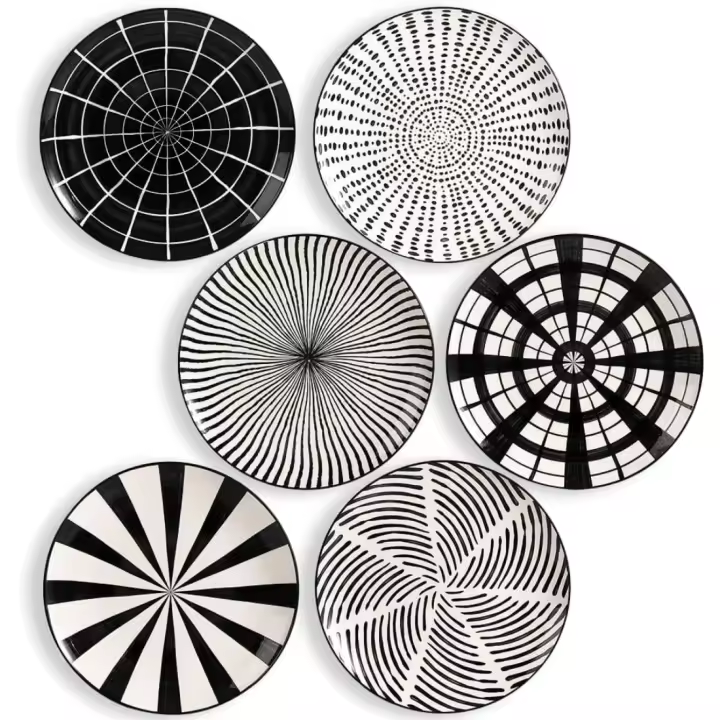 Juego de Platos de Porcelana Llanos Modernos Diseño Blanco y Negro Apto para Microondas y Lavavajillas Cocina - 1
