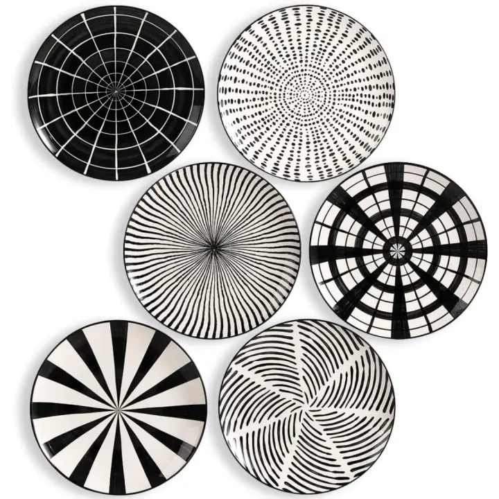 Juego de Platos de Porcelana Llanos Modernos Diseño Blanco y Negro Apto para Microondas y Lavavajillas Cocina - 1