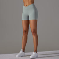 Hamidou pantalones cortos deportivos para mujer, Shorts de Yoga con cintura cruzada, gimnasio, entrenamiento, correr, cintura alta, realce de cadera, sin costuras, Fitness - details 31