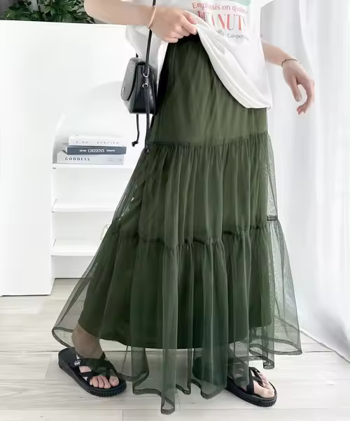 Falda larga de mujer con doble capa, corte A, negro, blanco y verde, primavera y verano - 1