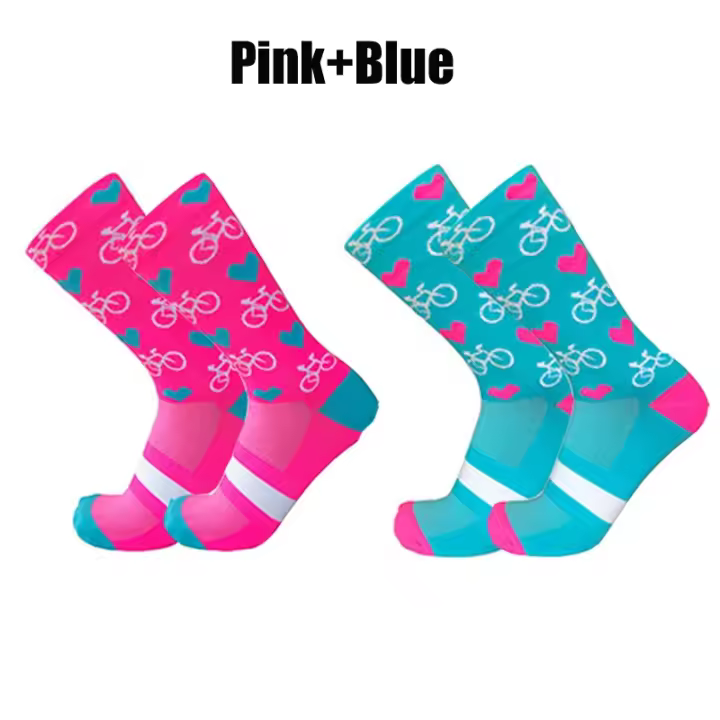 2 pares de calcetines de ciclismo para hombre y mujer, calcetines deportivos profesionales de compresión para bicicleta de carretera, calcetines para bicicleta de montaña, calcetines de carreras con patrón de corazón - 1