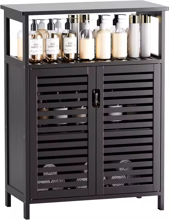 Armario de Baño, Organizador de Almacenaje Lateral de Bambú con Puertas de Doble Persiana y Estantes, Armario de Suelo Independiente para Salón, Cocina, Entrada, Natural - 1