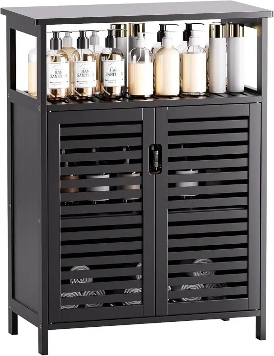 Armario de Baño, Organizador de Almacenaje Lateral de Bambú con Puertas de Doble Persiana y Estantes, Armario de Suelo Independiente para Salón, Cocina, Entrada, Natural - 1