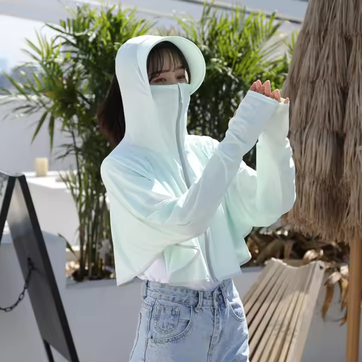 Sudadera con Capucha de Protección Solar Sólida Gorra de Ala Grande Ropa de Protección UV con Máscara de Velo - 1