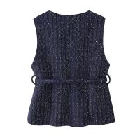 Chaleco sin mangas de tweed con una hilera de botones, cuello redondo y cinturón, ropa exterior para mujer, blusas elegantes 2025 - details 15
