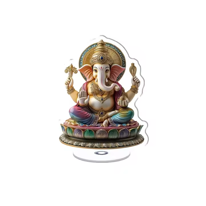 Expositor acrílico giratorio con un Ganesha luminoso con cuerpo dorado y orejas de zafiro entre un mandala de luz en ultra alta resolución - 1