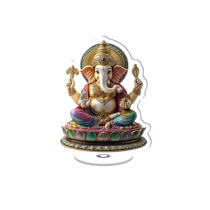 Expositor acrílico giratorio con un Ganesha luminoso con cuerpo dorado y orejas de zafiro entre un mandala de luz en ultra alta resolución - 1